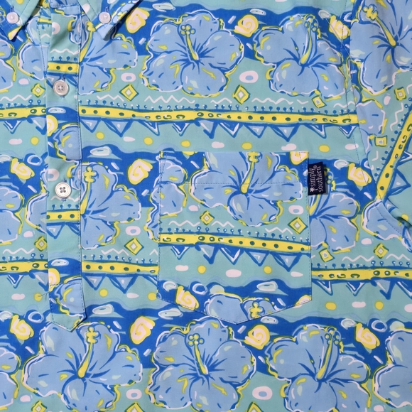 Simply Southern Hawaiian Hibiscus Polo Men's Sz Large Light Blue Lime Stretch - Picture 3 of 8